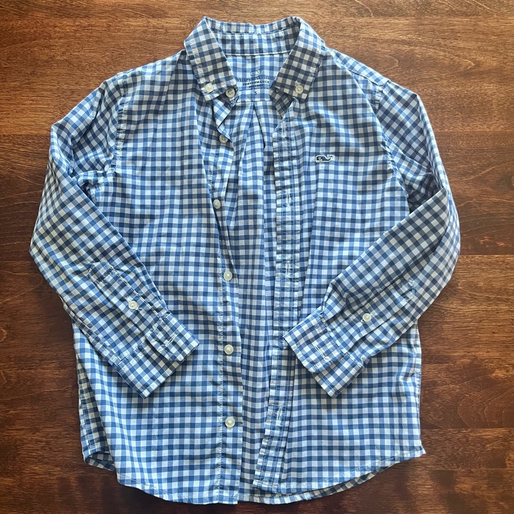 Vineyard Vines Blue and White Plaid Boys Shirt Size 5. Lightweight Button Up